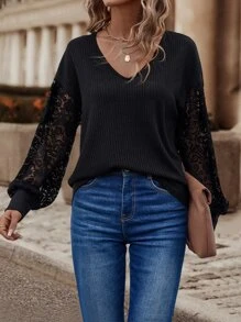 SHEIN Clasi Contrast Lace Drop Shoulder Ribbed Knit Sweatshirt - Black - View 1