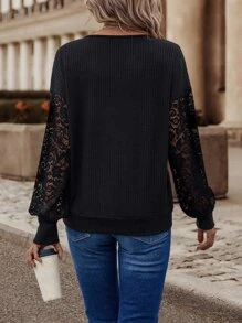 SHEIN Clasi Contrast Lace Drop Shoulder Ribbed Knit Sweatshirt - Black - View 2