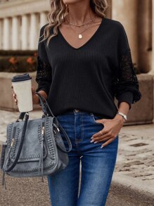 SHEIN Clasi Contrast Lace Drop Shoulder Ribbed Knit Sweatshirt - Black - View 5