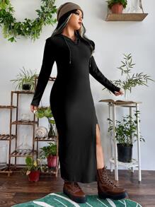 Flirla Plus Drawstring Hooded Split Thigh Dress - Black - View 6