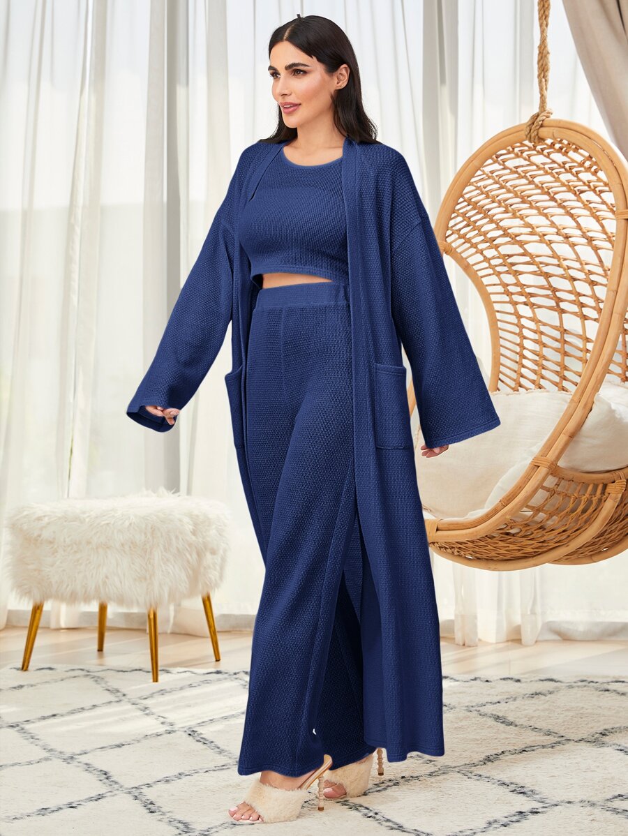 SHEIN Unity Solid Tank Top & Trousers Lounge Set Without Robe - Navy Blue - View 1