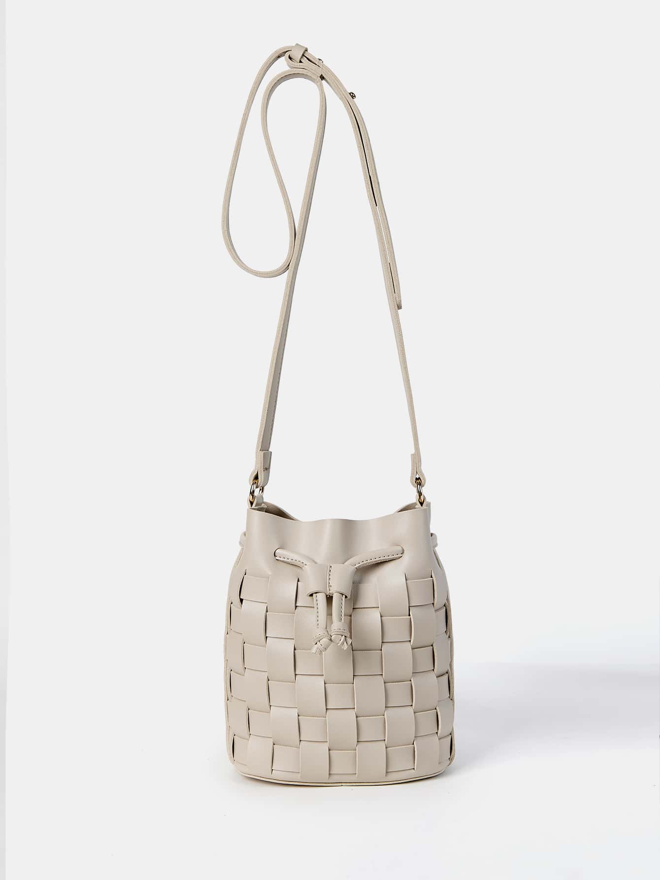 迷你編織細節抽繩水桶包帶內袋 - 米色 - 查看 1