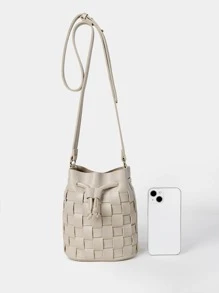 迷你編織細節抽繩水桶包帶內袋 - 米色 - 查看 5