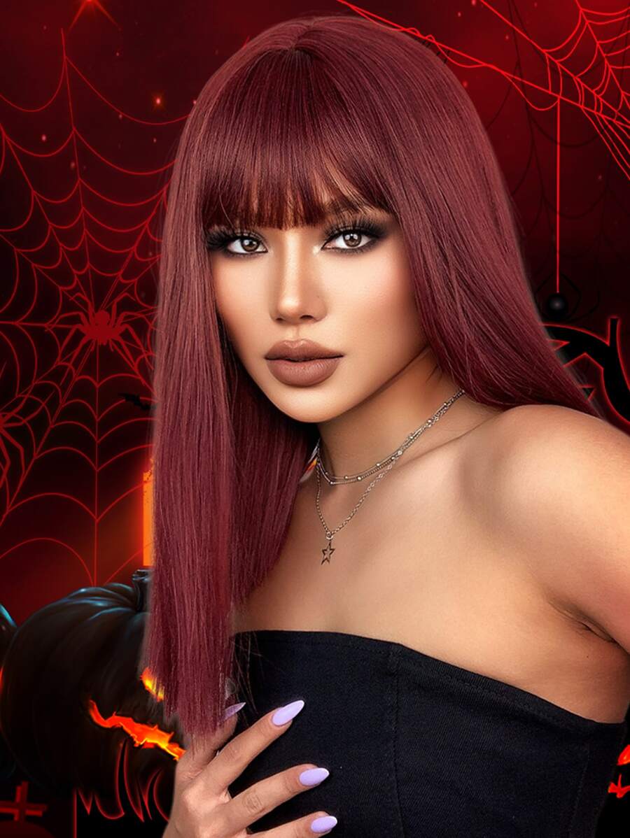 HAIRCUBE Long Straight Synthetic Wig With Bangs - Burgundy - View 1