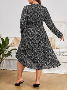 SHEIN Unity Plus Ditsy Floral Print Overlap Collar Dress Without Belt - Black and White - View 2
