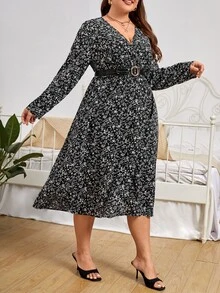 SHEIN Unity Plus Ditsy Floral Print Overlap Collar Dress Without Belt - Black and White - View 4