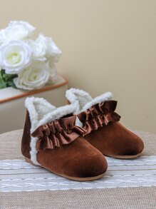 Chicas Botas de nieve ribete con fruncido de serraje falso - Marrón Chocolate - Ver 1