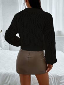 SHEIN Privé Beaded Collared Pointelle Knit Drop Shoulder Jumper - Black - View 2