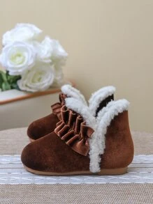 Chicas Botas de nieve ribete con fruncido de serraje falso - Marrón Chocolate - Ver 3