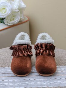 Chicas Botas de nieve ribete con fruncido de serraje falso - Marrón Chocolate - Ver 4