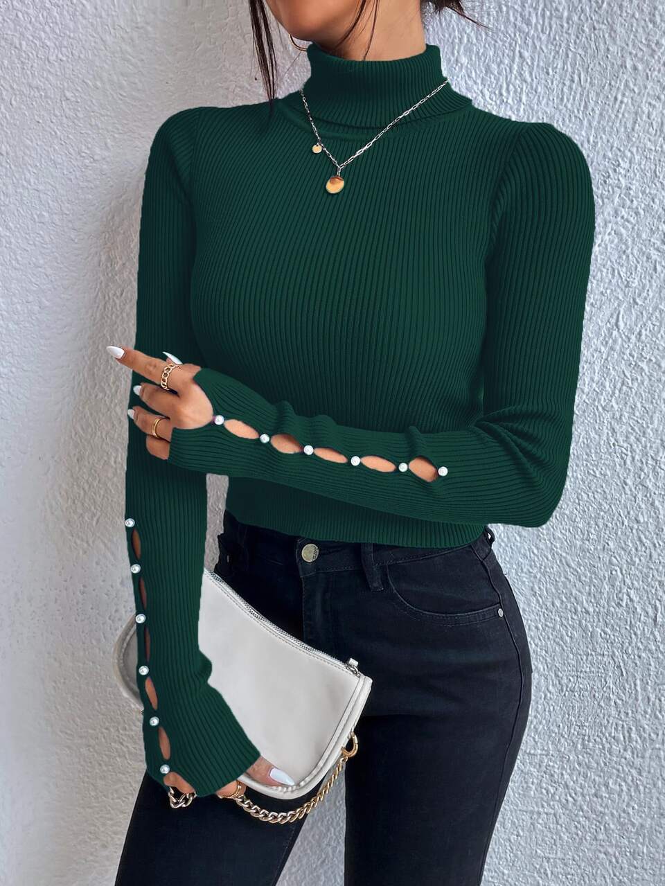 Turtleneck Button Detail Knit Pullover Fall Winter Sweater