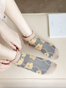 5 雙裝女式復古短襪,壓花設計,宮廷風格 - 彩色 - 查看 6