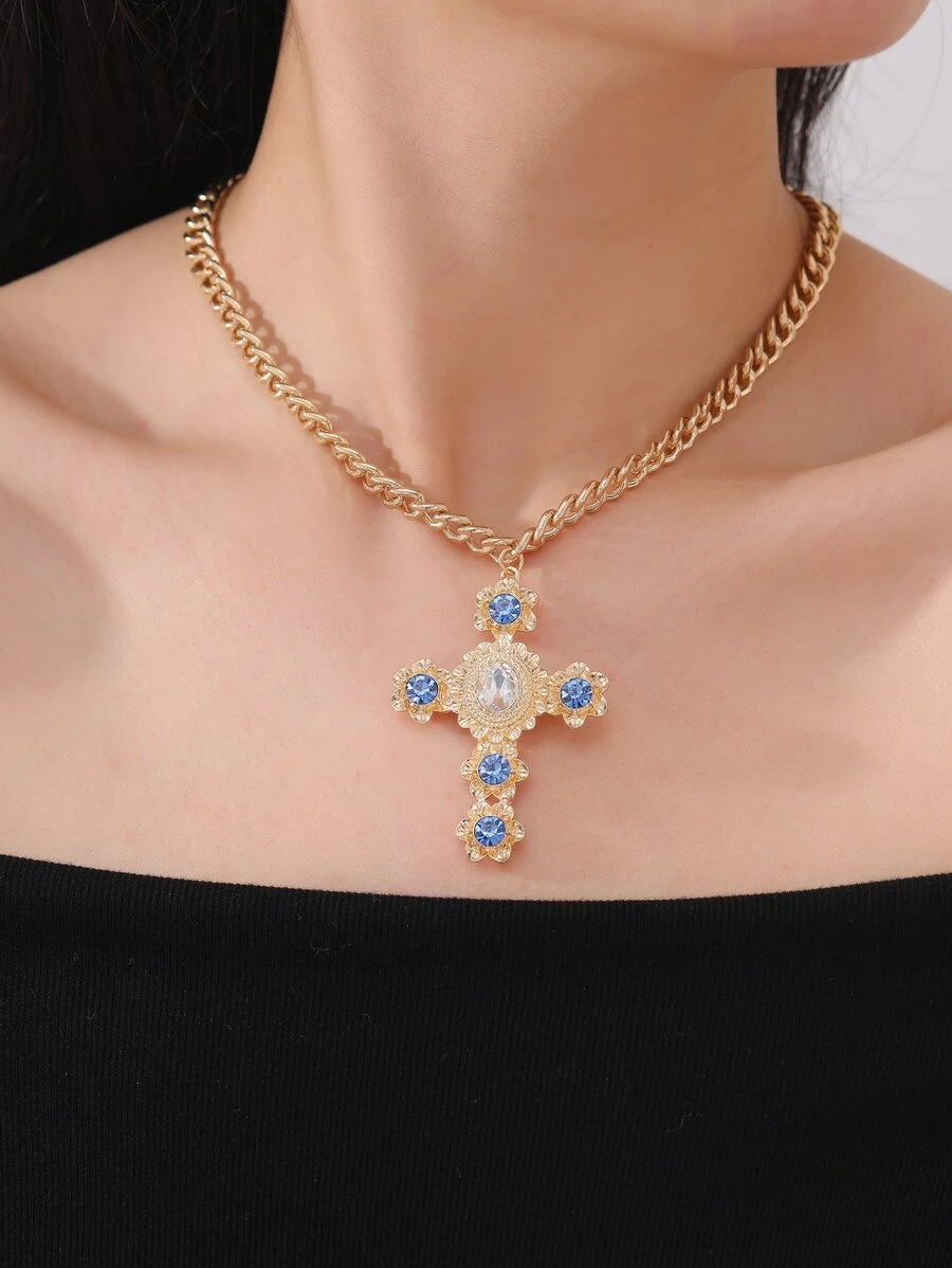 Rhinestone Cross Charm Necklace - Yellow Gold - View 1
