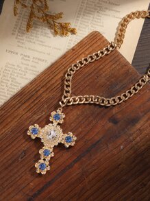 Rhinestone Cross Charm Necklace - Yellow Gold - View 6