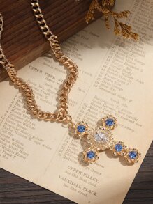 Rhinestone Cross Charm Necklace - Yellow Gold - View 5