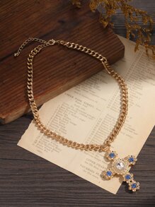 Rhinestone Cross Charm Necklace - Yellow Gold - View 3