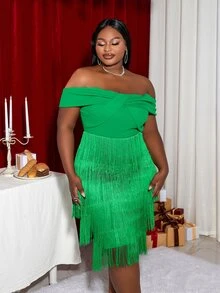 大碼一字肩流蘇下擺緊身連衣裙 - 綠色 - 查看 4