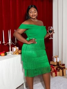 大碼一字肩流蘇下擺緊身連衣裙 - 綠色 - 查看 5