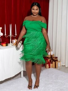 大碼一字肩流蘇下擺緊身連衣裙 - 綠色 - 查看 7