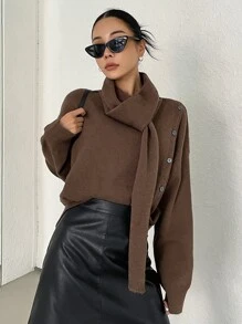 DAZY Turtleneck Drop Shoulder Button Detail Jumper - Coffee Brown - View 1