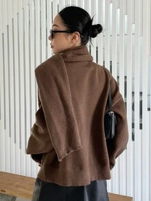 DAZY Turtleneck Drop Shoulder Button Detail Jumper - Coffee Brown - View 2