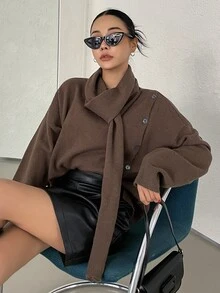 DAZY Turtleneck Drop Shoulder Button Detail Jumper - Coffee Brown - View 3