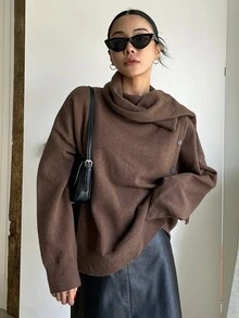 DAZY Turtleneck Drop Shoulder Button Detail Jumper - Coffee Brown - View 7