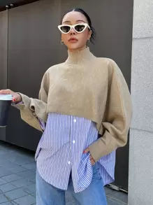 DAZY High Neck Batwing Sleeve Jumper Without Blouse - Khaki - View 1