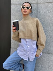 DAZY High Neck Batwing Sleeve Jumper Without Blouse - Khaki - View 3