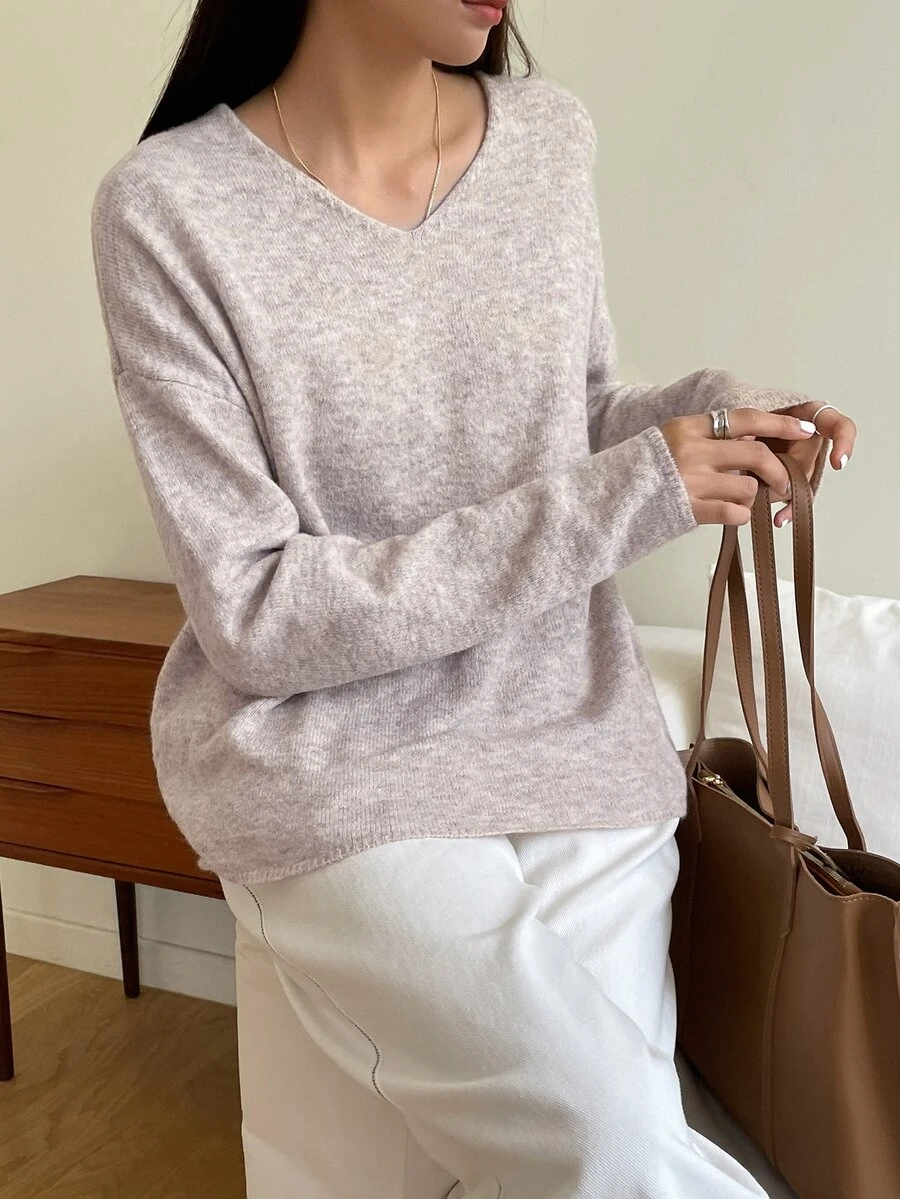 DAZY Solid V-neck Drop Shoulder Jumper - Light Grey - View 1