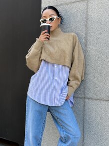 DAZY High Neck Batwing Sleeve Jumper Without Blouse - Khaki - View 6