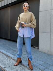 DAZY High Neck Batwing Sleeve Jumper Without Blouse - Khaki - View 7