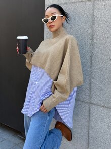 DAZY High Neck Batwing Sleeve Jumper Without Blouse - Khaki - View 8