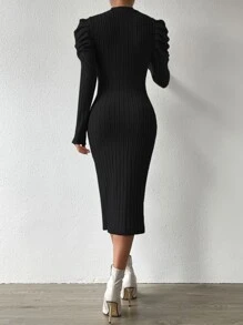 Chiquease 小高領羊腿袖緊身洋裝 - 黑色 - 查看 2
