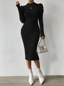 Chiquease 小高領羊腿袖緊身洋裝 - 黑色 - 查看 3