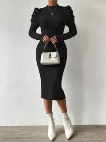 Chiquease 小高領羊腿袖緊身洋裝 - 黑色 - 查看 5