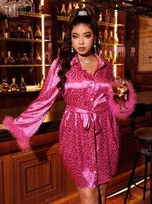 SHEIN BAE Plus Leopard Print Fuzzy Cuff Belted Satin Shirt Dress - Hot Pink - View 2