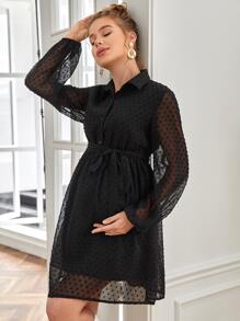 SHEIN 孕婦圓點腰帶襯衫洋裝