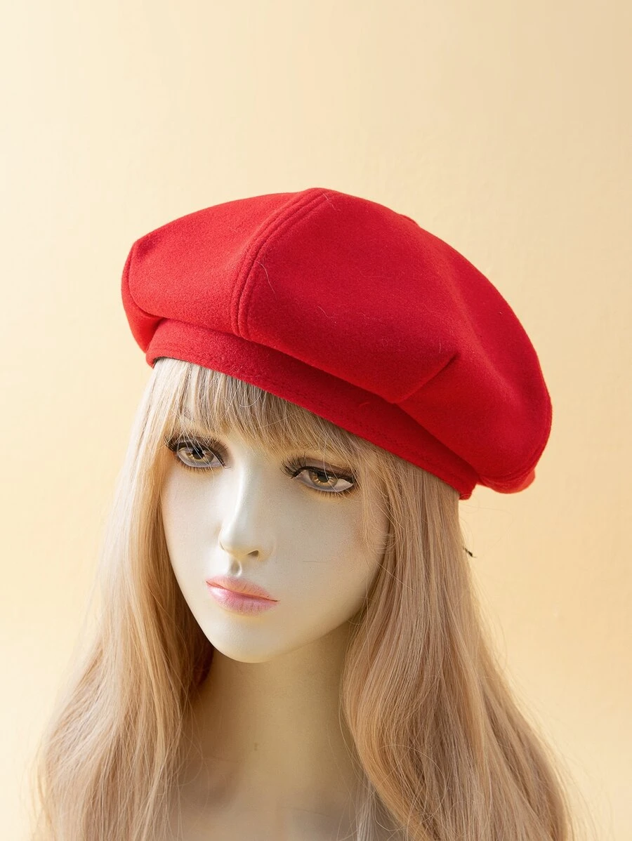 1pc Women's Solid Color Wool Beret Hat, Warm And Fashionable Japanese Style, Suitable For Casual Daily Wear, Autumn/Winter - Red - View 1