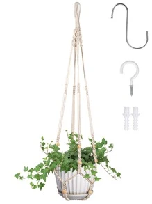 1pc Bead Decor Woven Plant Hanger - Beige - View 1