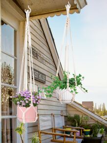 1pc Bead Decor Woven Plant Hanger - Beige - View 2