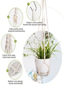 1pc Bead Decor Woven Plant Hanger - Beige - View 4