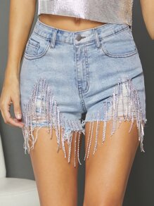 Denimoi Fall Women Clothes,Blue High Waist Sexy Raw Hem Rhinestone Denim Shorts, Jeans Shorts, Fall Outfits. For Everyday Wear, Going Out, Concerts, Festivals,Party High - Light Wash - View 4