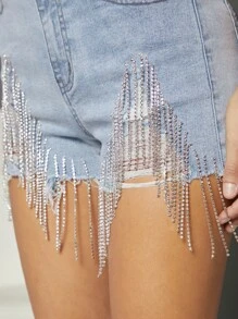 Denimoi Fall Women Clothes,Blue High Waist Sexy Raw Hem Rhinestone Denim Shorts, Jeans Shorts, Fall Outfits. For Everyday Wear, Going Out, Concerts, Festivals,Party High - Light Wash - View 2