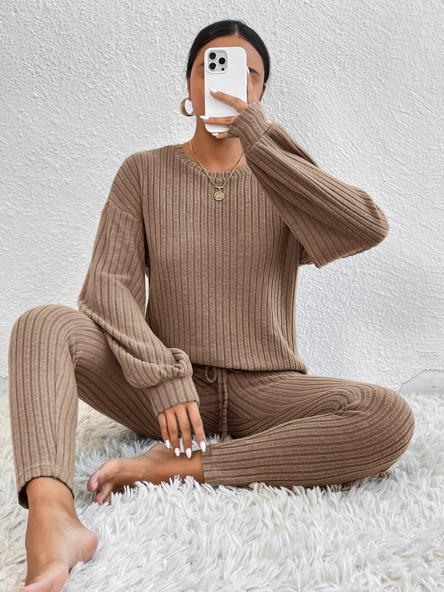 SHEIN Essnce Drop Shoulder Tee & Tie Front Skinny Trousers - Mocha Brown - View 1