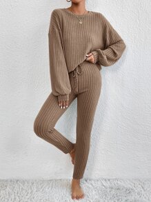 SHEIN Essnce Drop Shoulder Tee & Tie Front Skinny Trousers - Mocha Brown - View 5