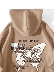 SHEIN EZwear Slogan & Butterfly Print Kangaroo Pocket Drawstring Thermal Hoodie - Khaki - View 3