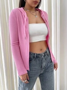 SHEIN EZwear Cazadora con cremallera con cordón con capucha - Rosa Fucsia - Ver 5