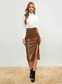 SHEIN Privé 高腰高衩PU皮革半身裙 - 咖啡棕 - 查看 3