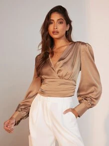 BizChic Surplice Neck Lantern Sleeve Satin Top Workwear - Champagne - View 1